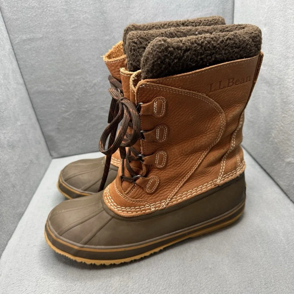 L.L.Bean Women's 9 M Tumbled Leather Lace-Up Snow Duck Boots Brown Fleece Lined